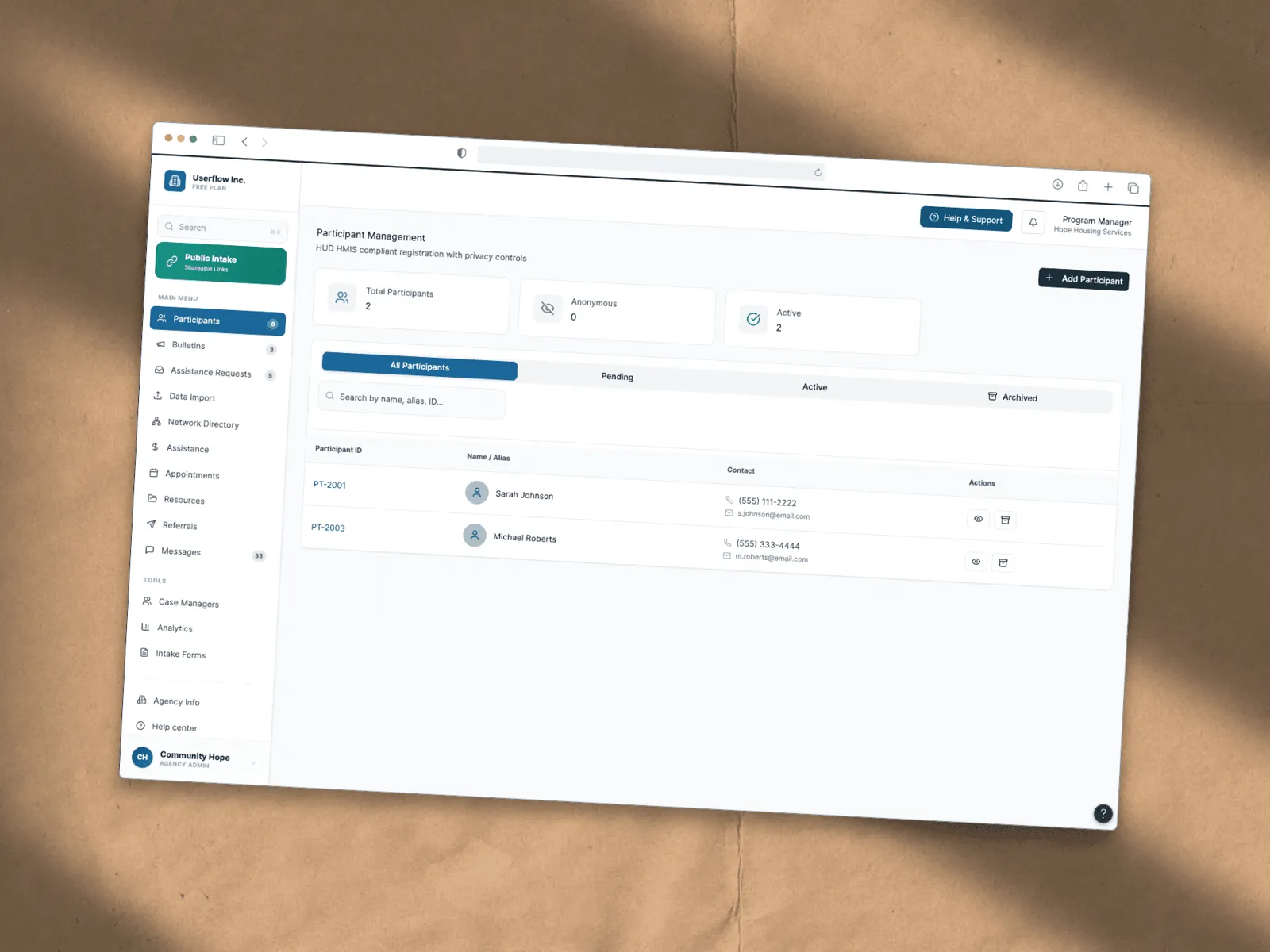 Agency portal participant management screen
