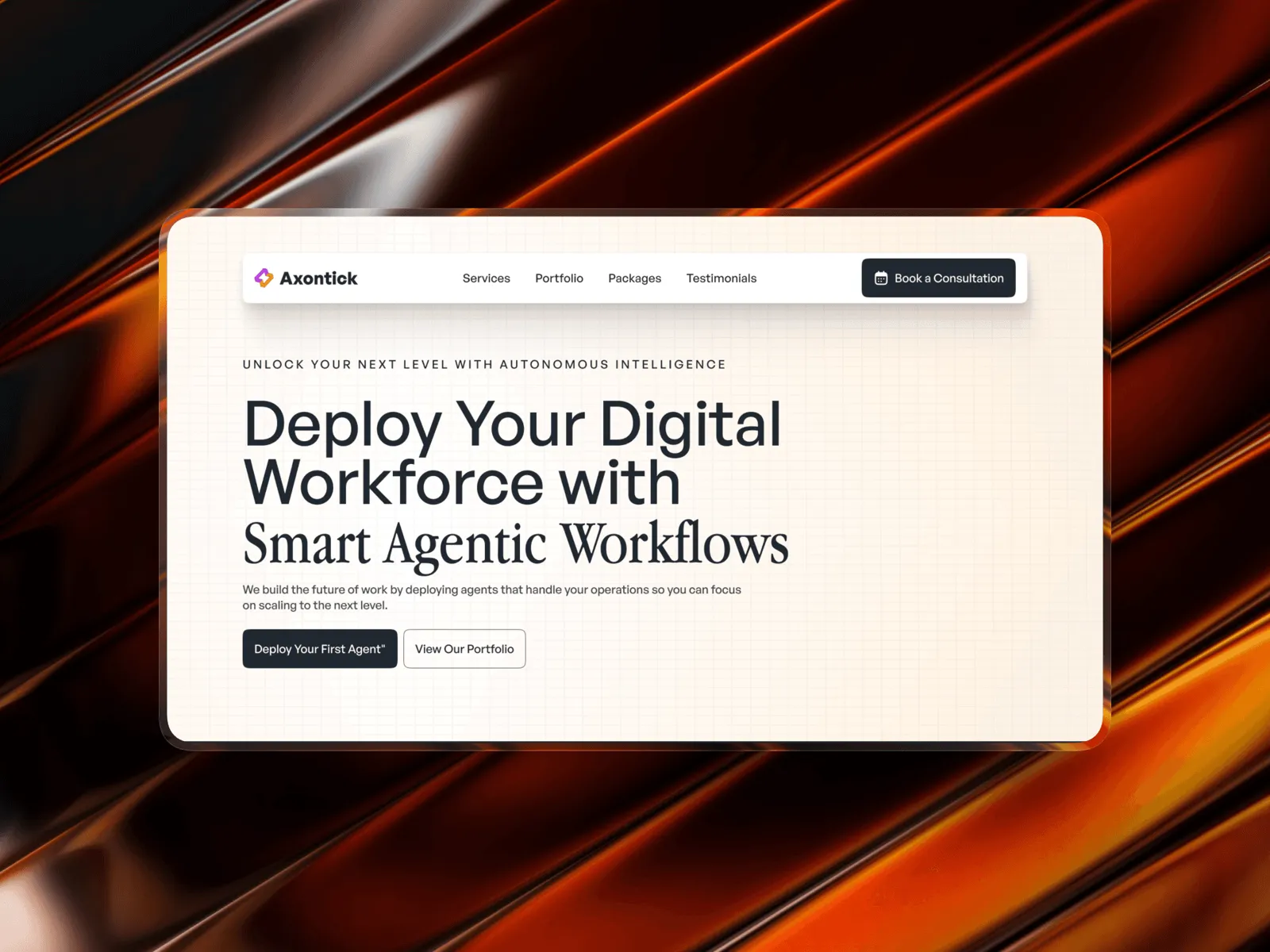 Axontick landing page hero on an orange and black abstract background