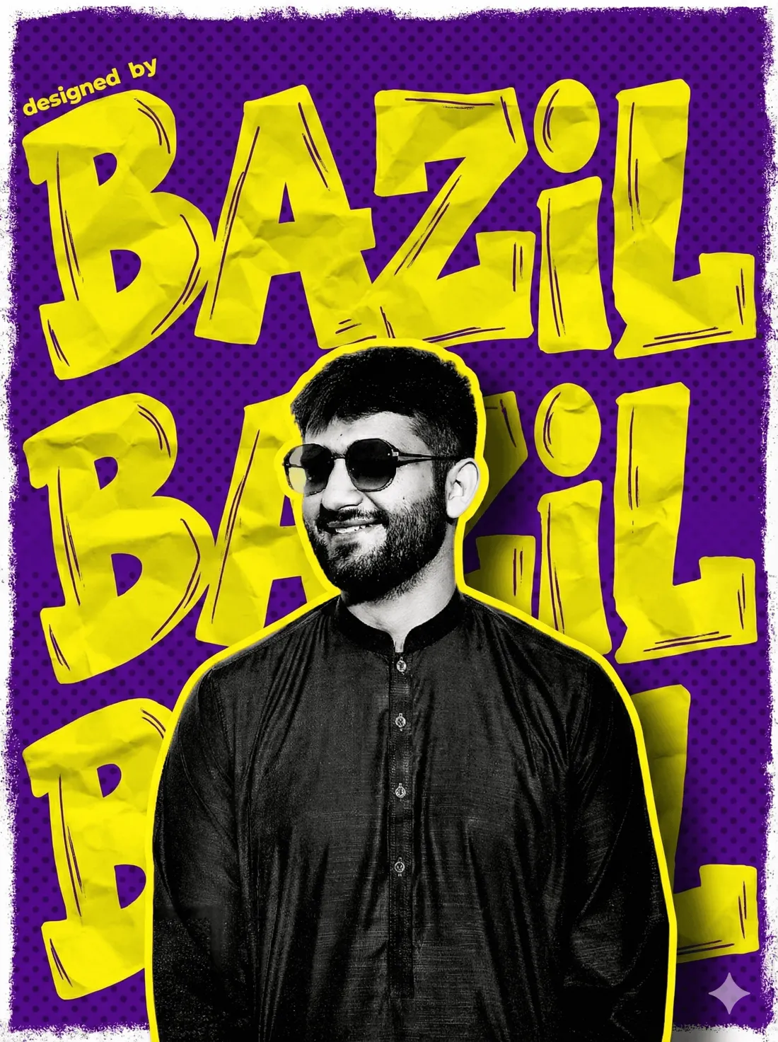 Bazil in a pop-art poster with his name in bold yellow letters