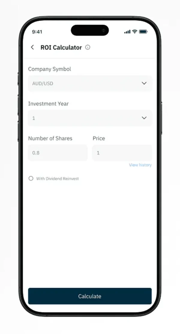 ROI calculator screen with company symbol, investment year, shares and price inputs