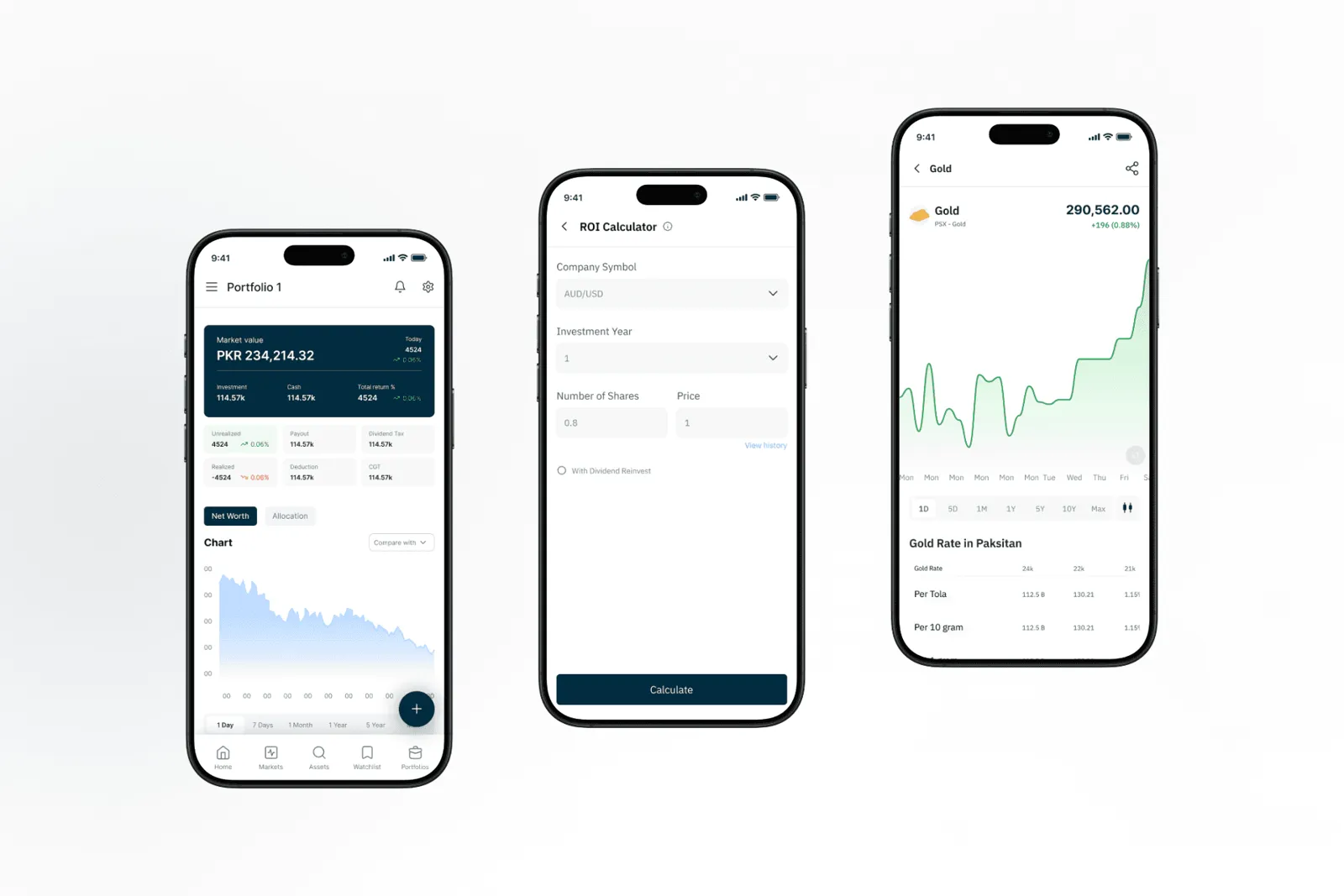 Zar app screens: portfolio overview, ROI calculator and gold price chart